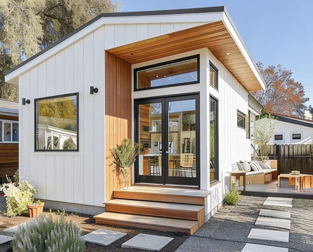 custom backyard ADU with wood deck and modern entry in Los Angeles by Your ADU Guy