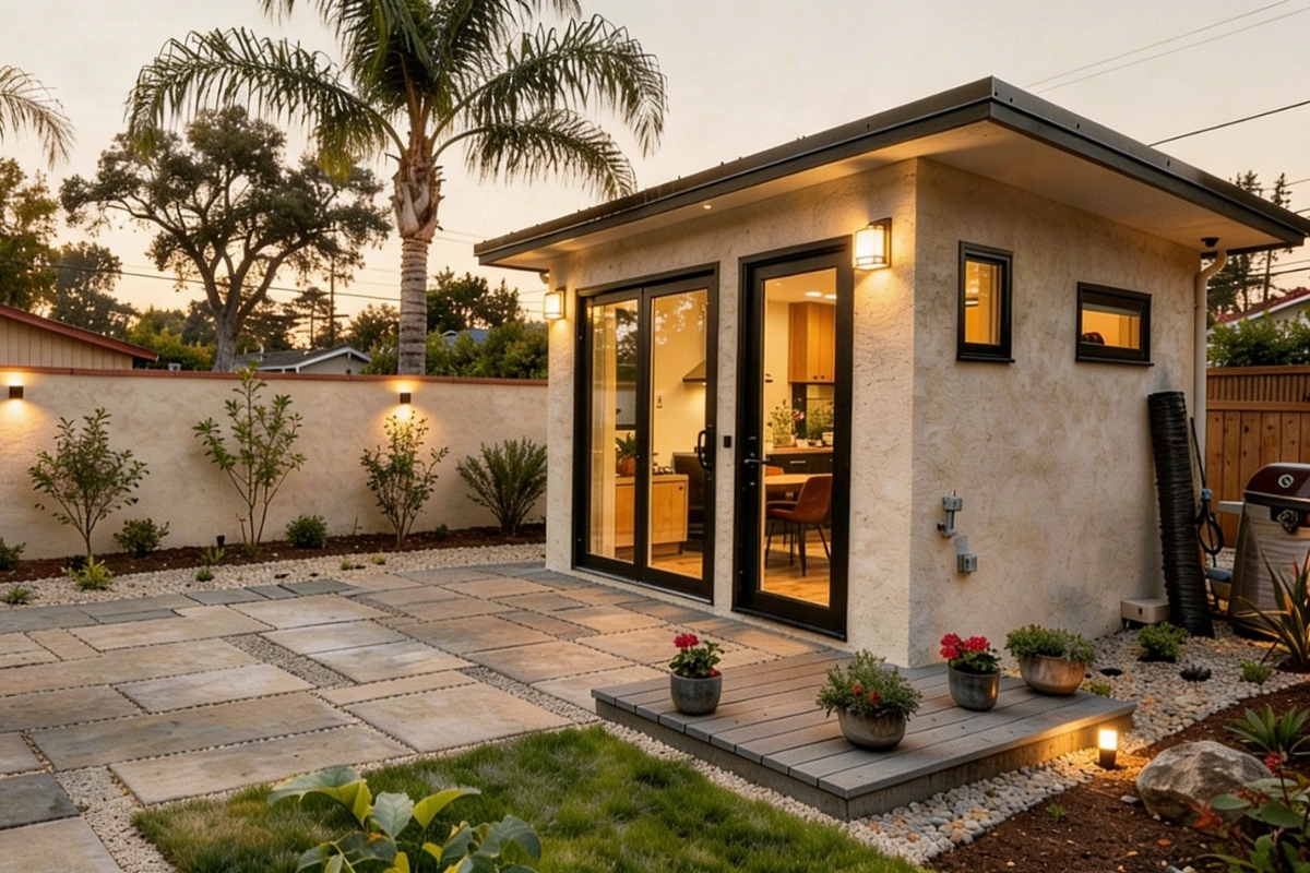 compact backyard ADU with interior lighting and modern finish in Los Angeles by Your ADU Guy