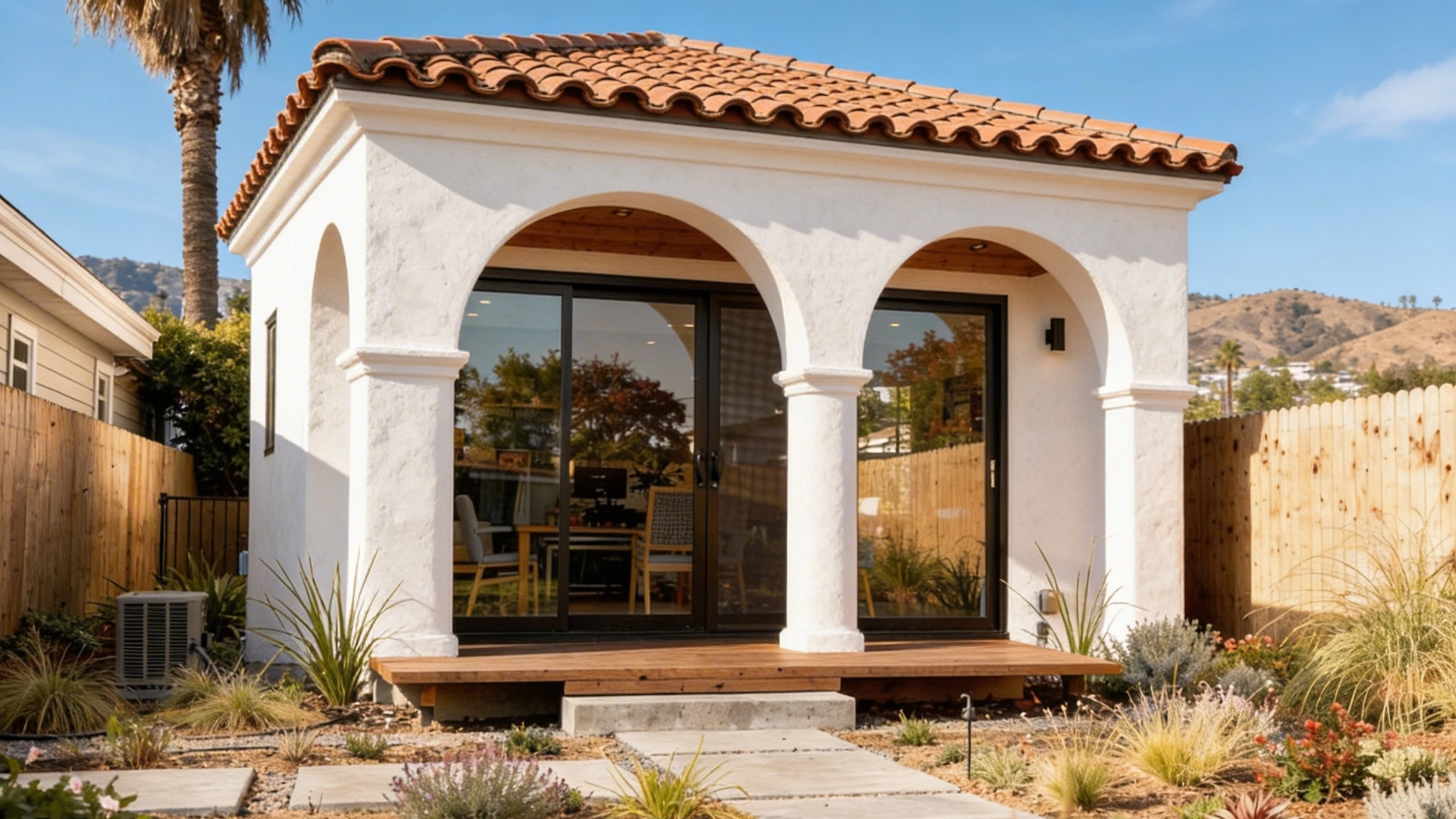 spanish style backyard ADU with arch design and outdoor landscaping in Los Angeles by Your ADU Guy